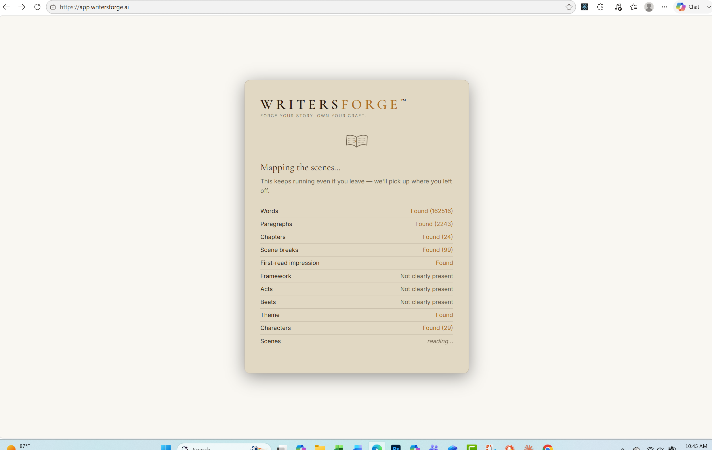 WritersForge mapping the manuscript: framework, acts and beats not clearly present; theme found; 29 characters