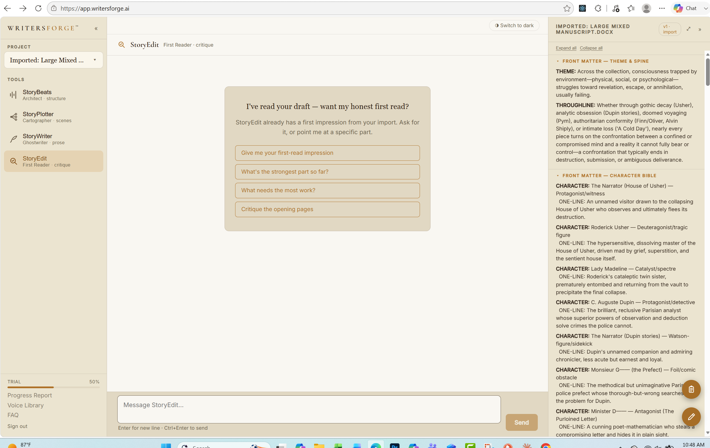 StoryEdit with the Story Bible: theme and throughline naming Usher, Dupin, Pym and the original pieces